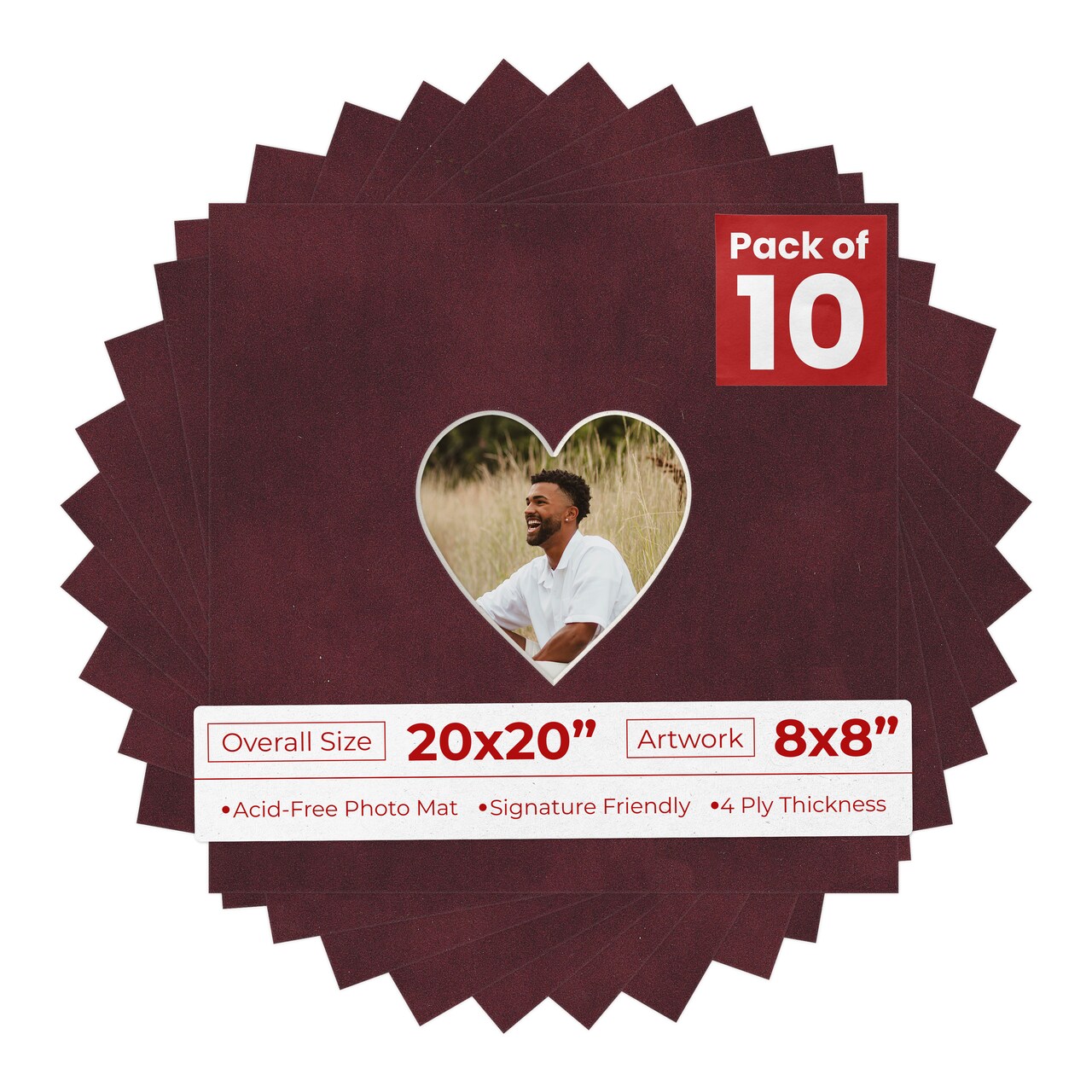 Dark Red Suede Mat Board for 20x20 Frames - Heart Opening for 8x8 Photos
